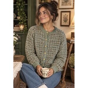 Vintage South Cotton Women's Hand Knit Cardigan Sweater S Gold Buttons MINT